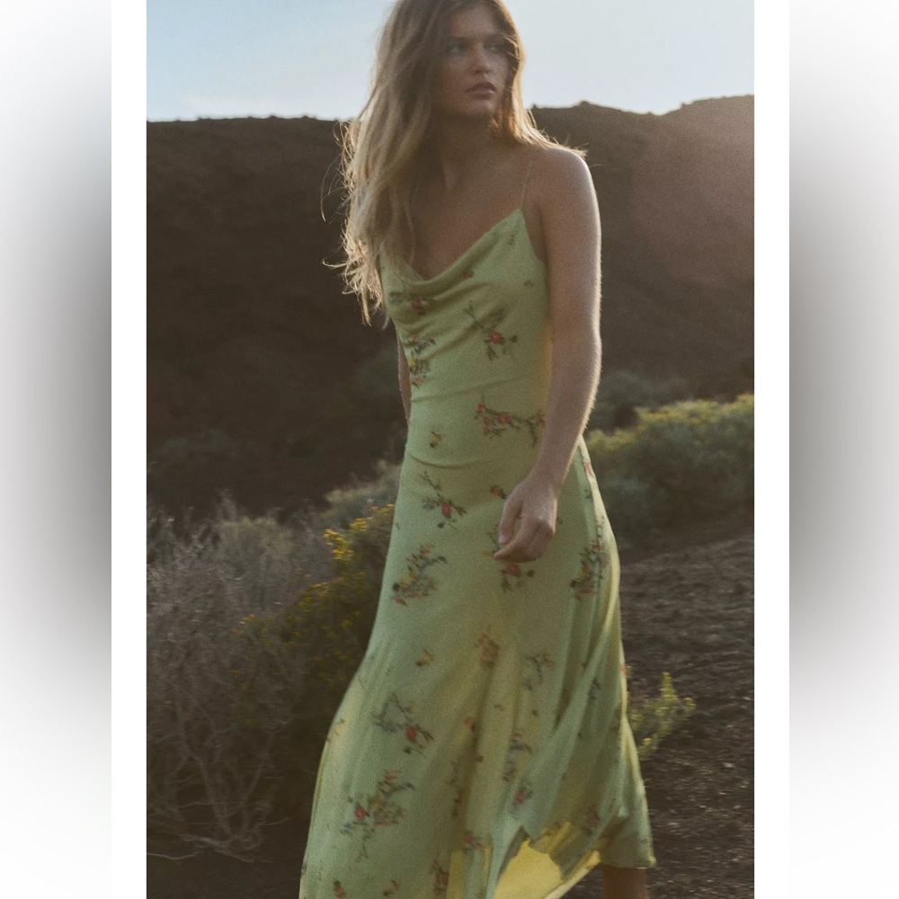 Zara NWT printed tulle midi dress green floral 5039/123 - Picture 1 of 9